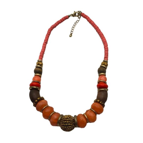 Chunky Statement Necklace Boho Beaded Coral Gold Tone Brown Adjustable Length - Picture 2 of 2